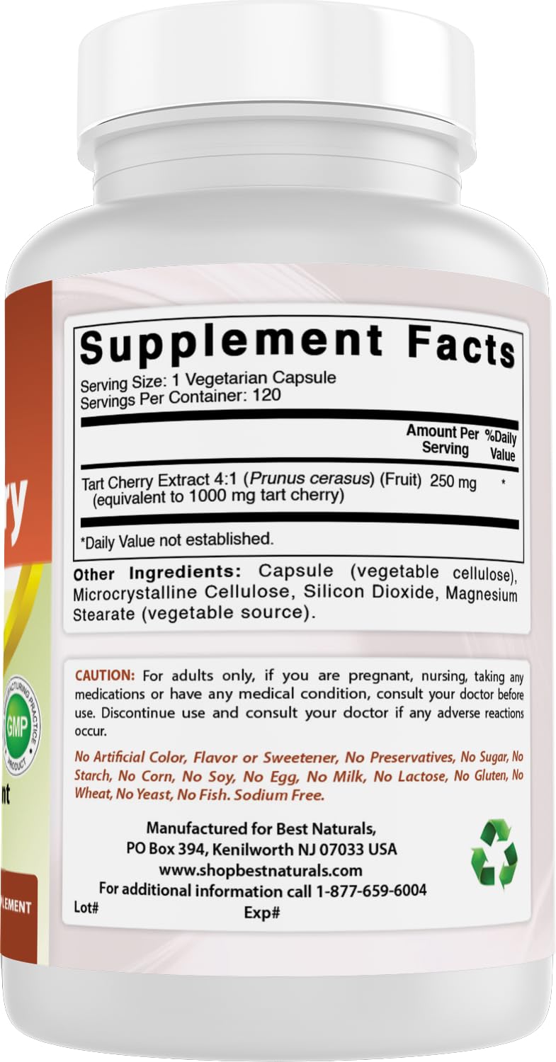 Arrière du flacon Best Naturals Extrait de Cerise Acide montrant les spécifications