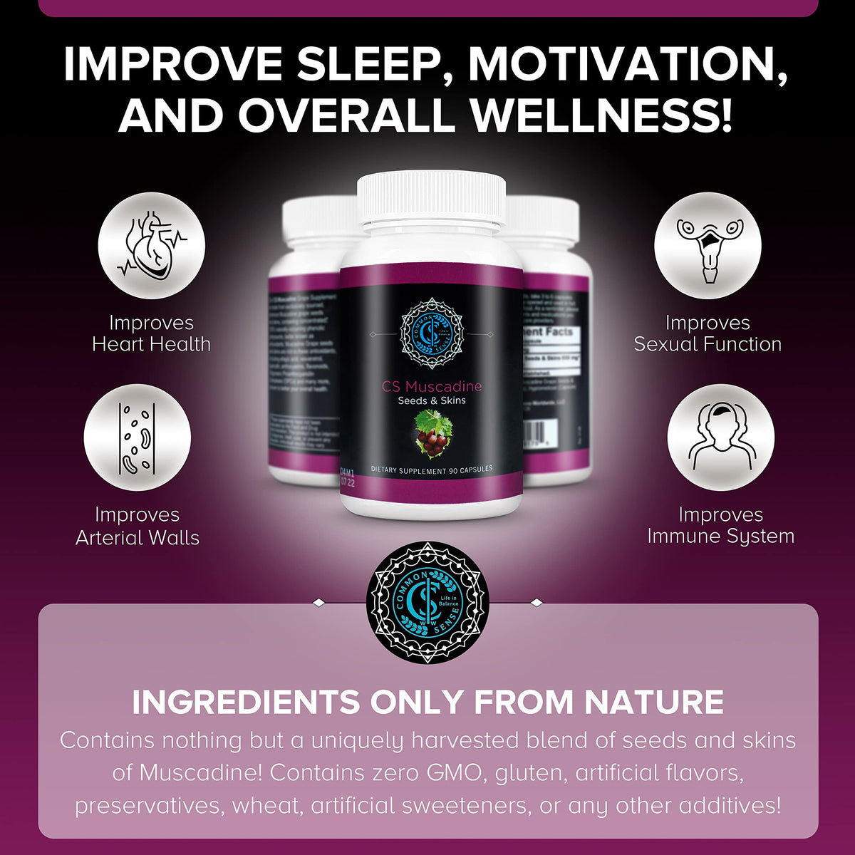 Arrière du flacon d'extrait de graines de muscadine avec informations nutritionnelles