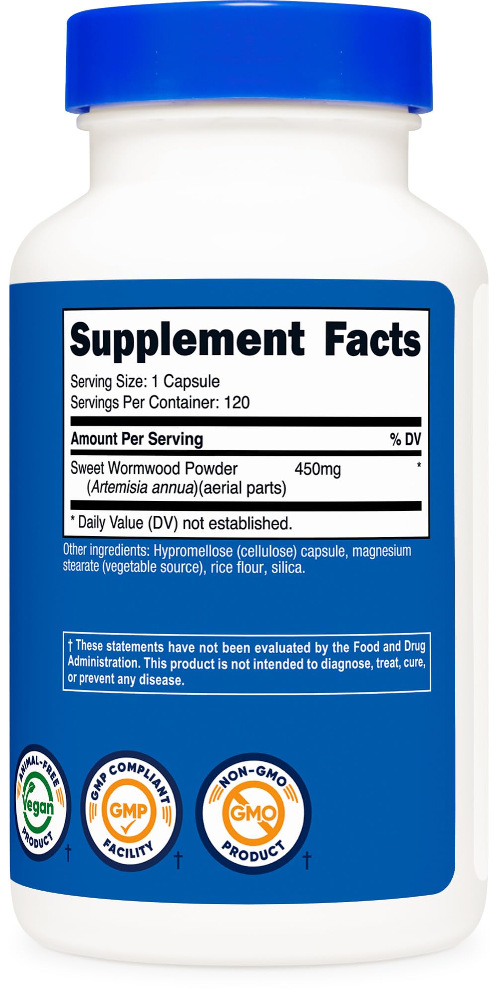 Arrière du flacon de capsules d'armoise Nutricost avec informations nutritionnelles