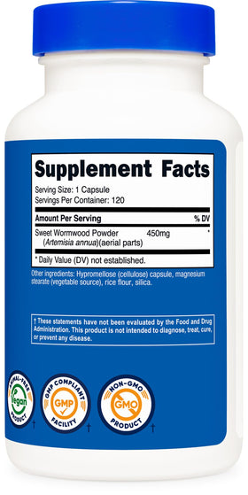 Arrière du flacon de capsules d'armoise Nutricost avec informations nutritionnelles