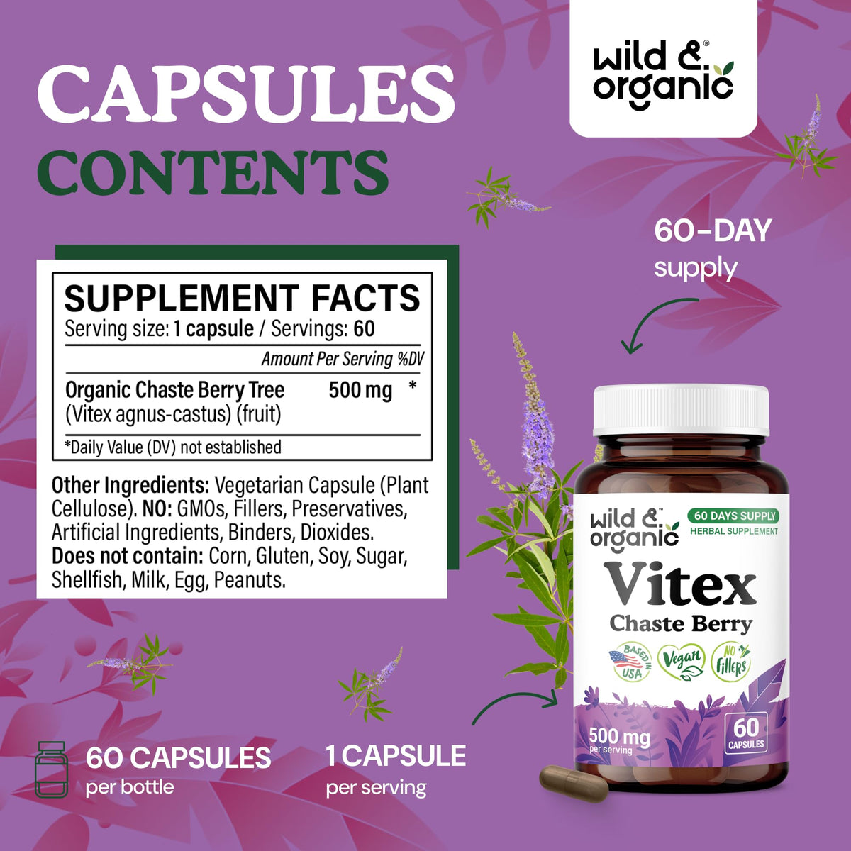 Arrière du flacon de capsules de Vitex Wild & Organic