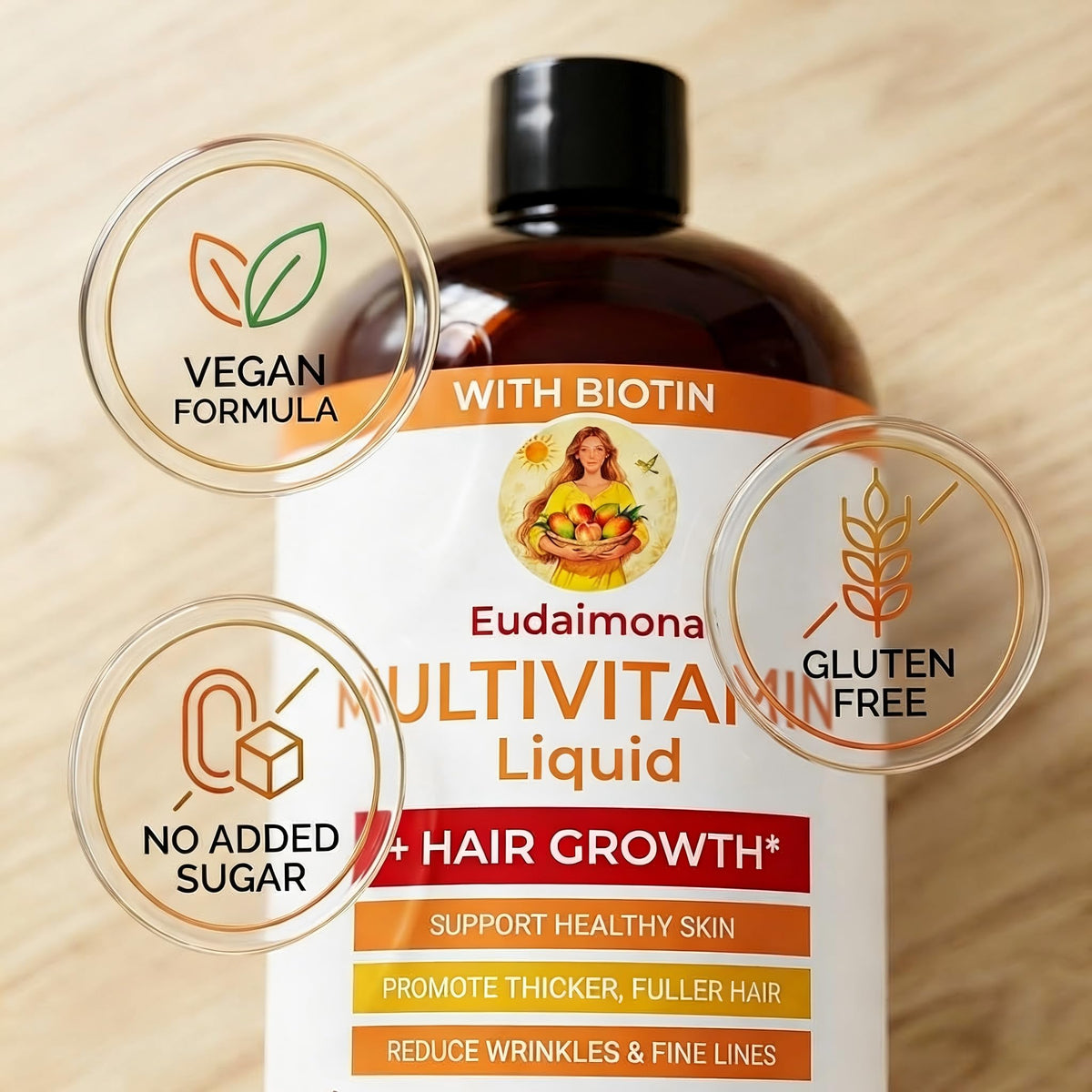 Arrière du flacon de Eudaimona multivitamine liquide.