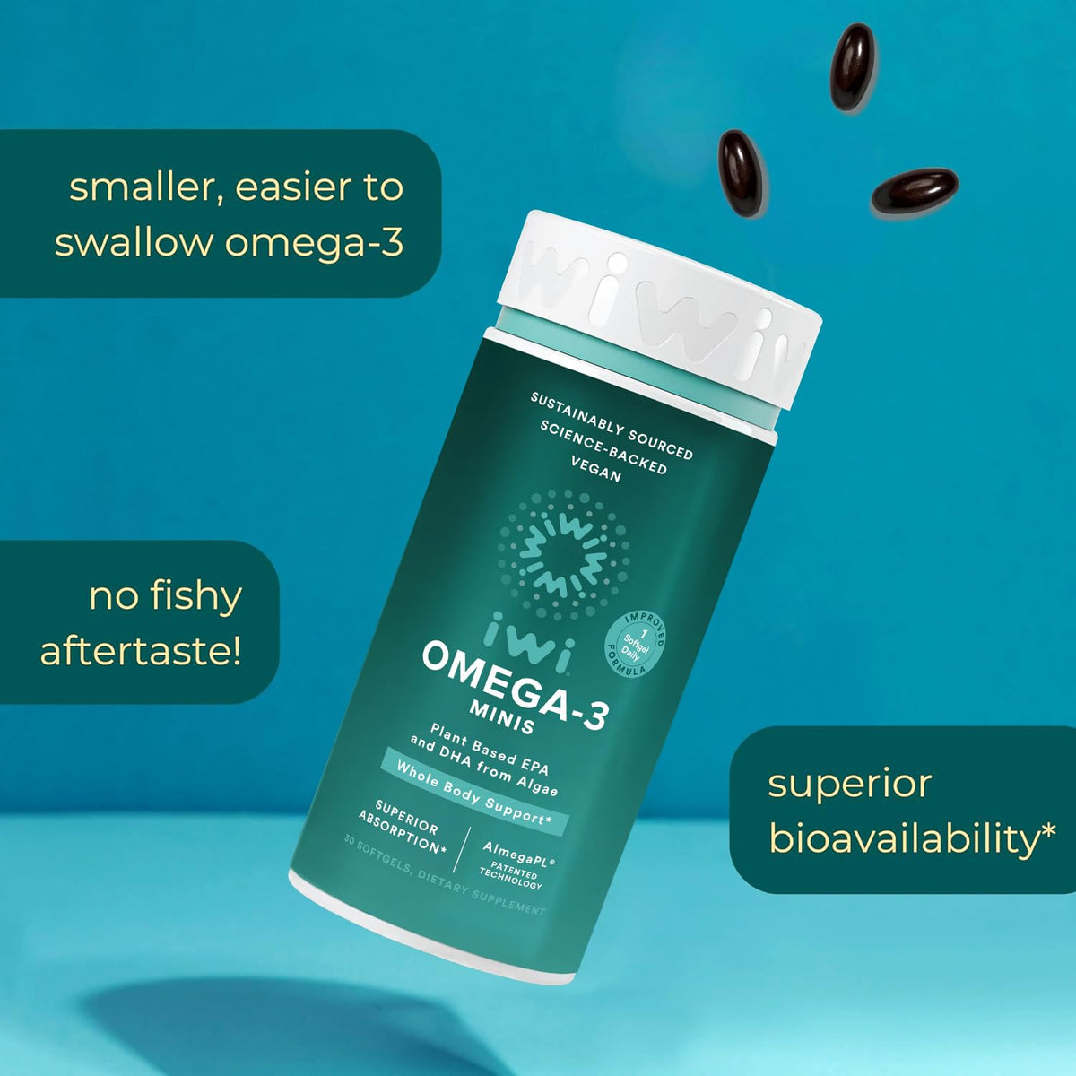 Arrière du flacon de mini capsules Omega-3 Iwi