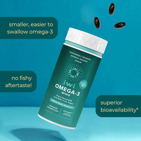 Arrière du flacon de mini capsules Omega-3 Iwi