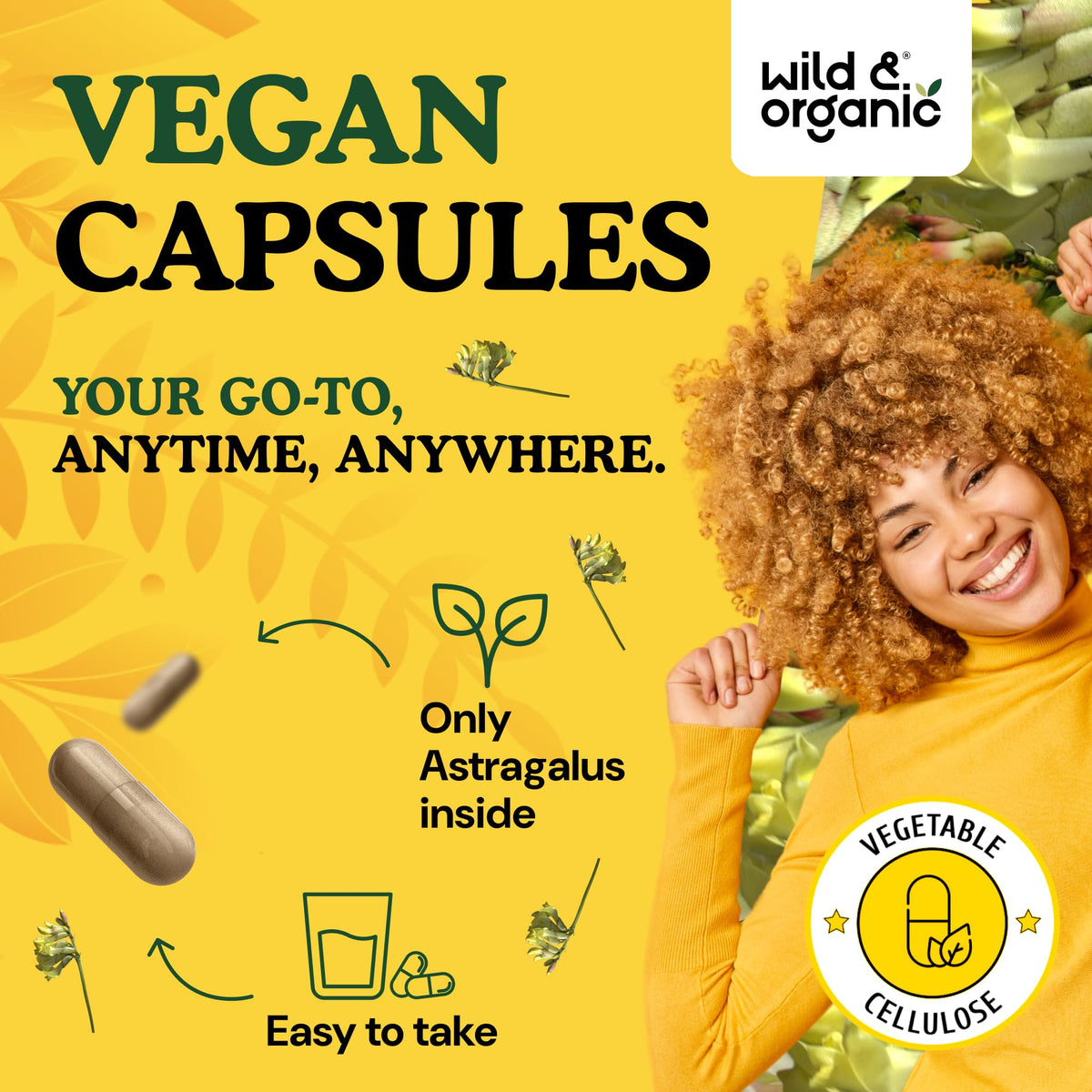 Arrière du flacon de Wild & Organic Astragalus avec informations nutritionnelles