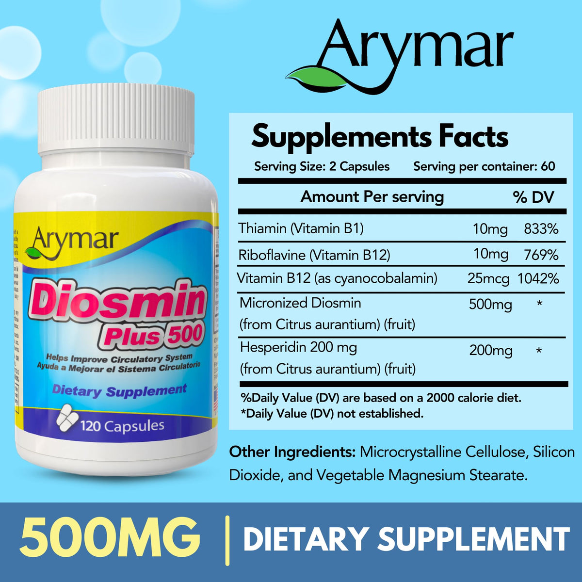 Arymar Diosmin Plus 500mg capsules in a hand