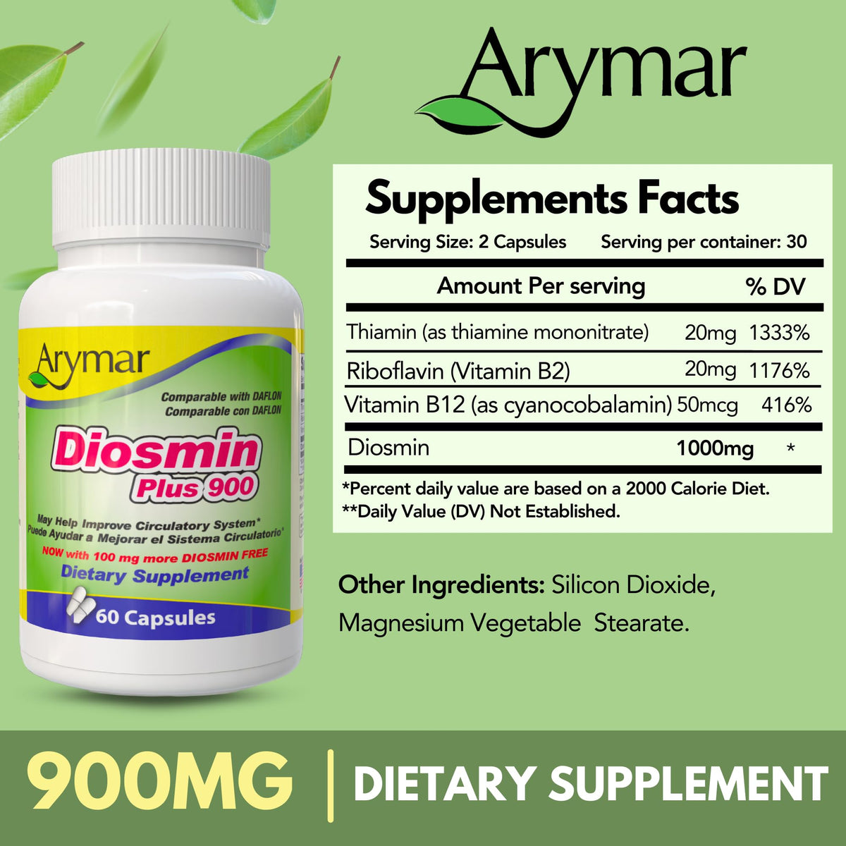 Arymar Diosmin Plus 900 capsules blanches avec bouteille ouverte