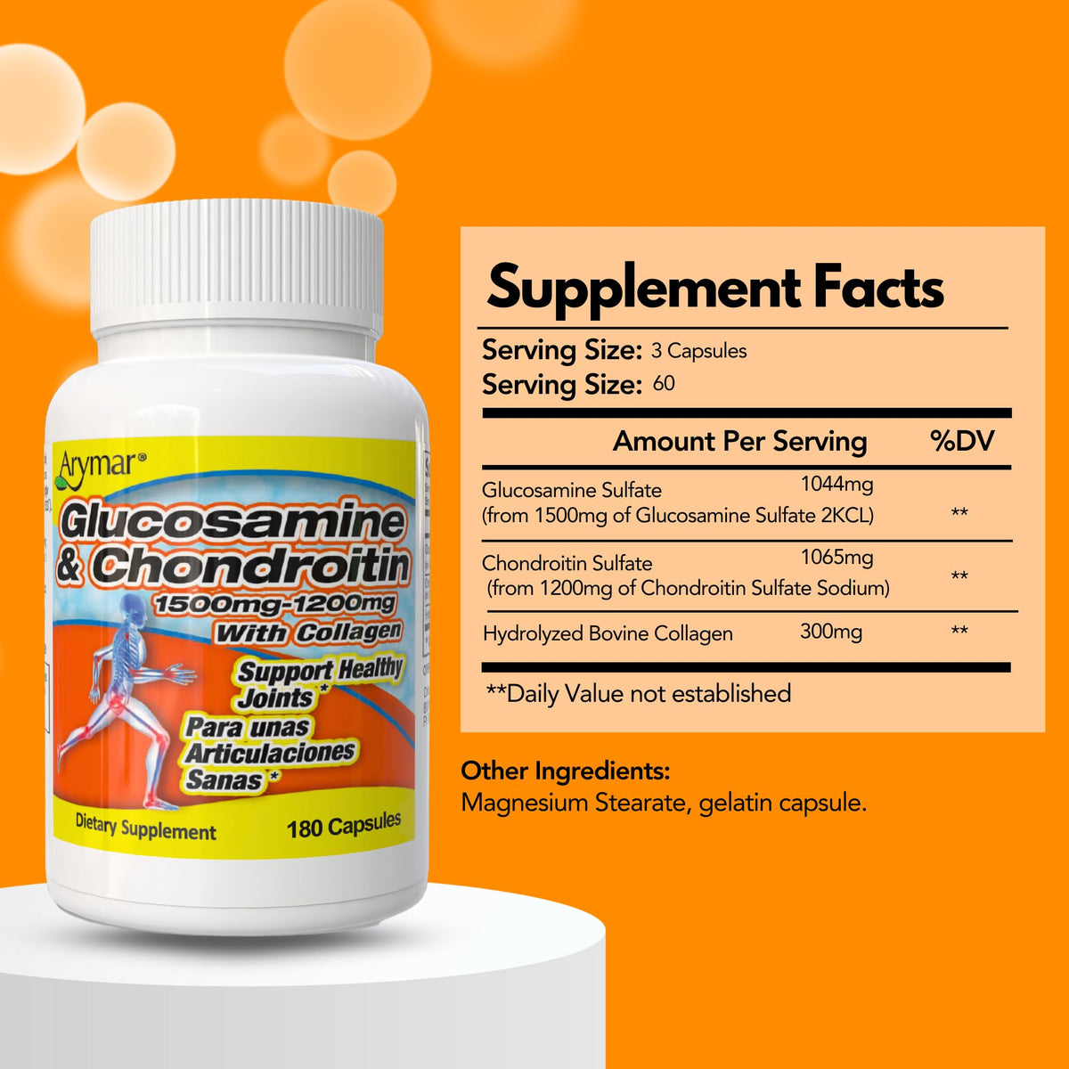 Arymar Glucosamine 1500 mg et Chondroitin 1200 mg étiquette détaillée