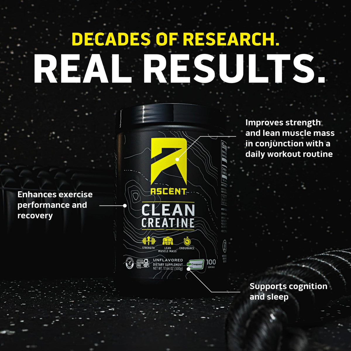 Ascent Clean Creatine Monohydrate 560g scoop with powder