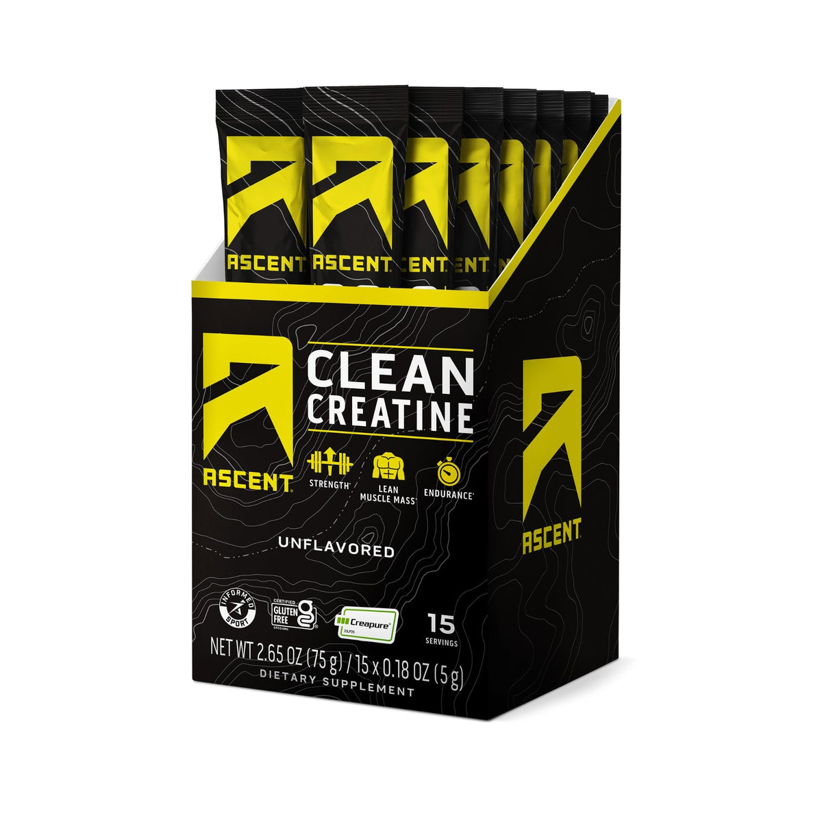 Ascent Creatine Monohydrate Creapure 15 portions de 5g, emballage avant