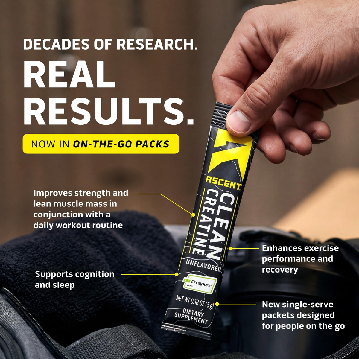 Ascent Creatine Monohydrate Creapure, poudre non aromatisée, vue de côté