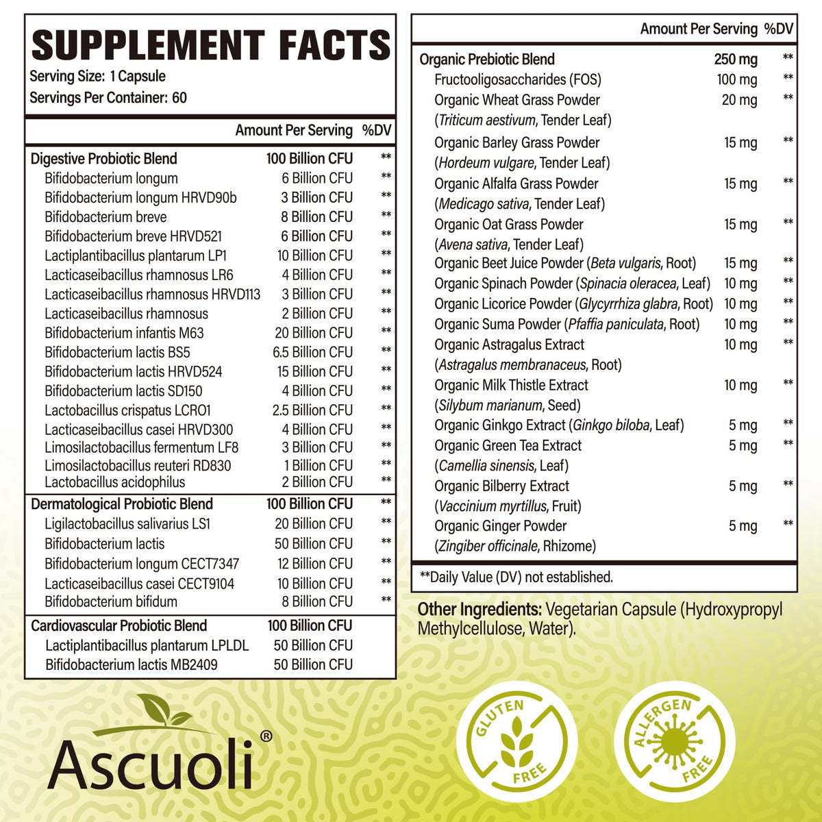 Ascuoli Complément Alimentaire Probiotiques 300 Milliards CFU 60 Capsules emballage