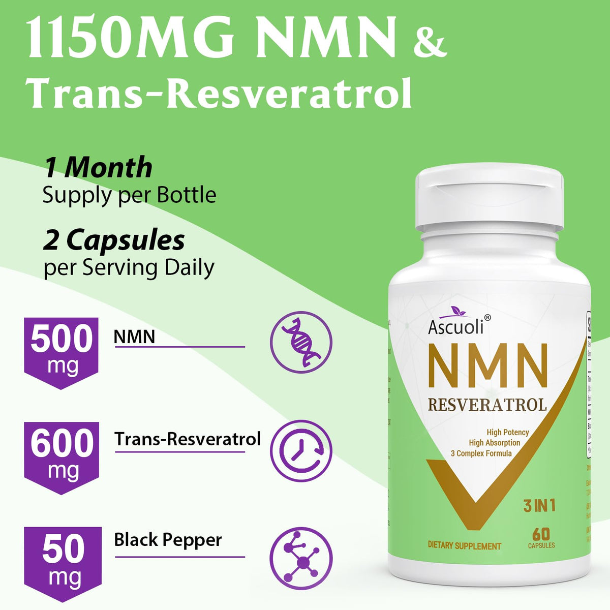 Ascuoli NMN Resveratrol 1150mg avec extrait de poivre noir