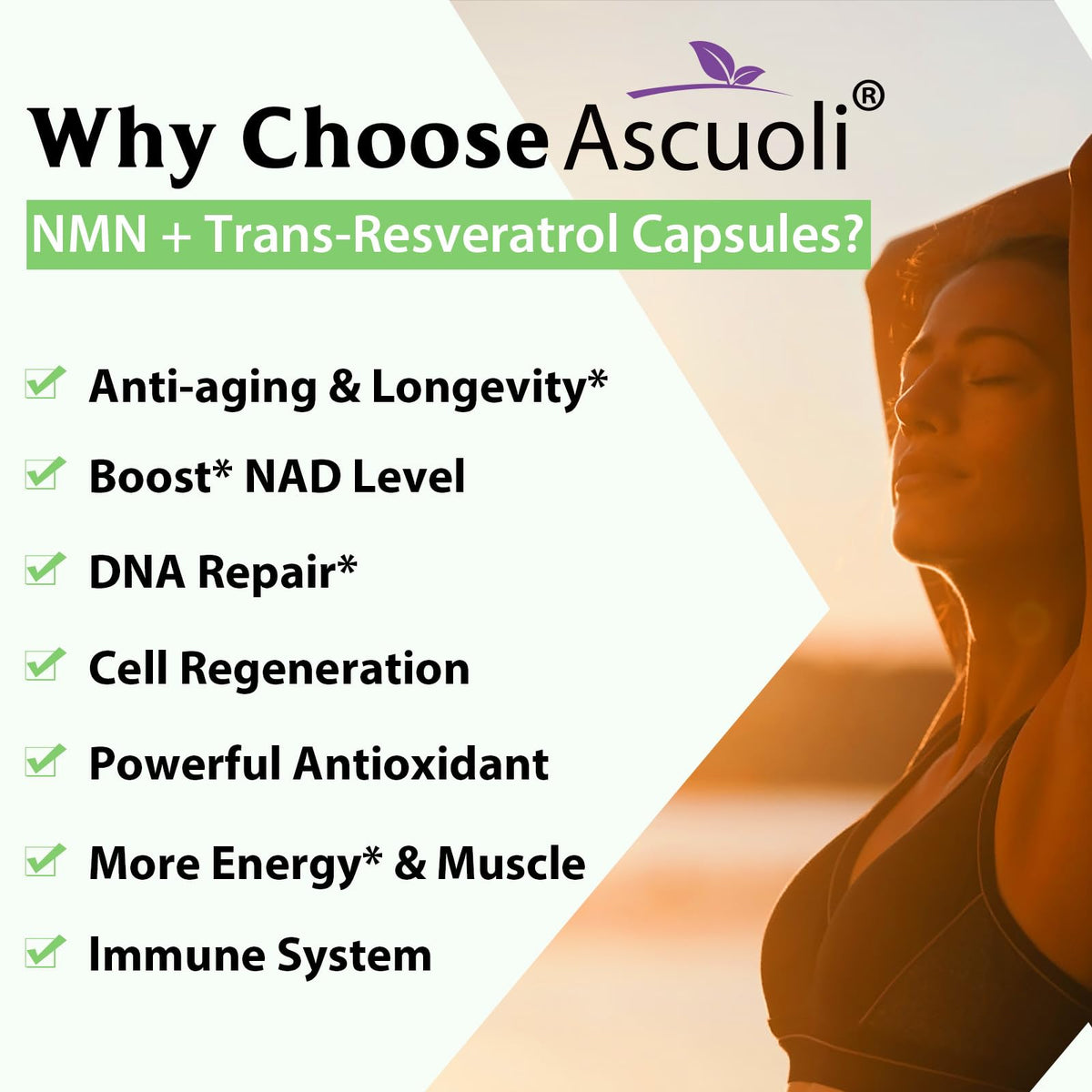 Ascuoli NMN Resveratrol 1150mg capsules sur une table