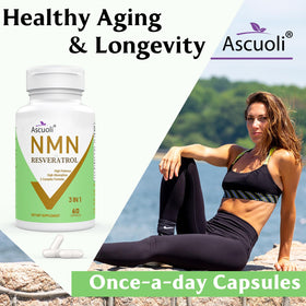 Ascuoli NMN Resveratrol 1150mg, flacon ouvert avec capsules