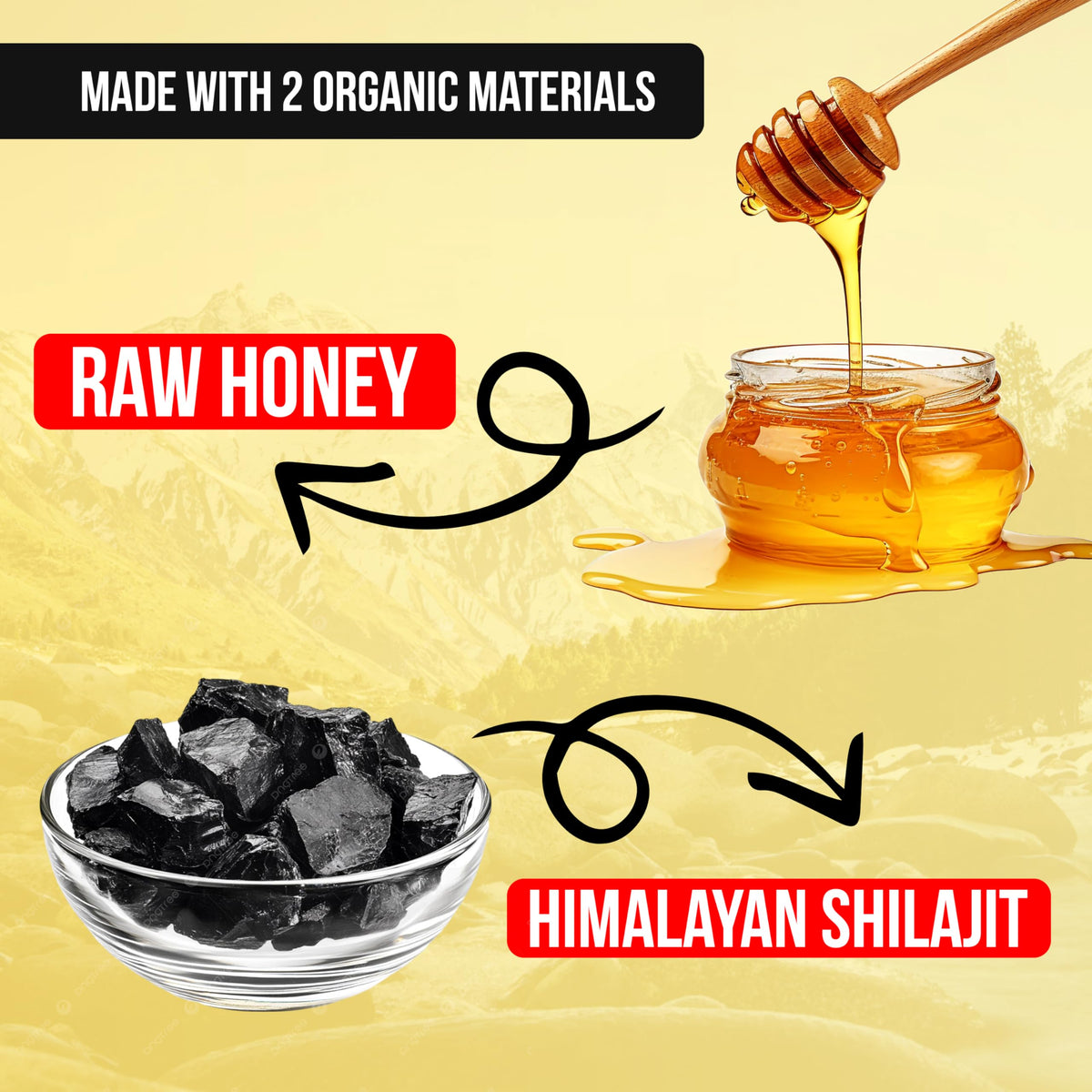 Ashraf Naturals Shilajit au Miel, emballage et informations nutritionnelles