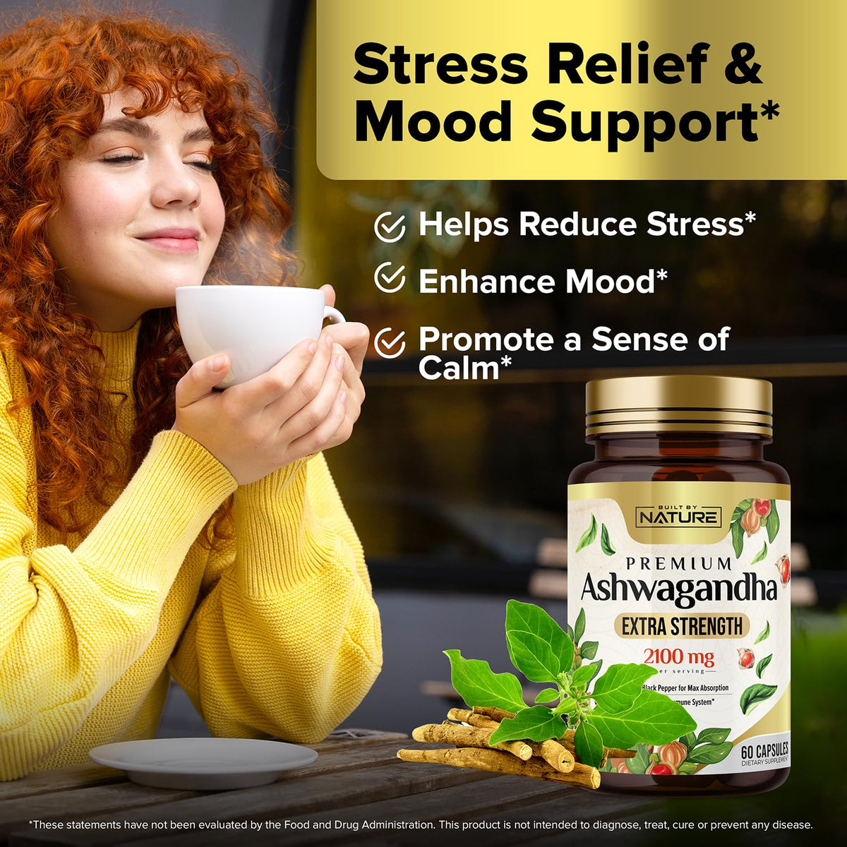 Ashwagandha 2100mg de Built by Nature avec un verre d'eau