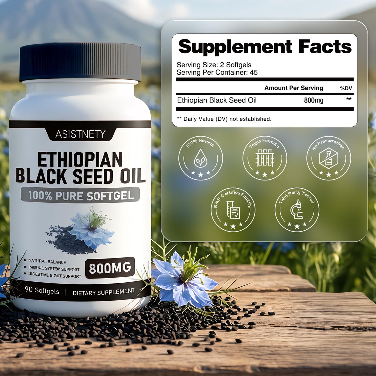 ASISTNETY huile de graines noires éthiopienne capsules dans une main