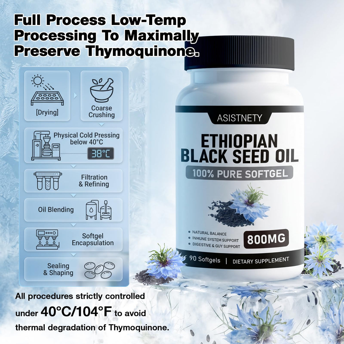 ASISTNETY huile de graines noires éthiopienne capsules sur une table
