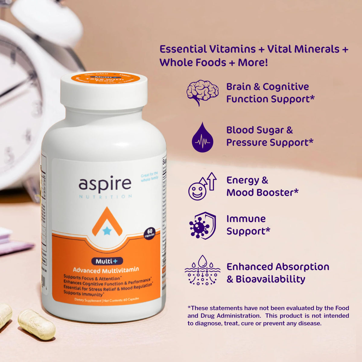 Aspire Nutrition Multi+™ Multivitamine Avancée capsule sur une surface blanche