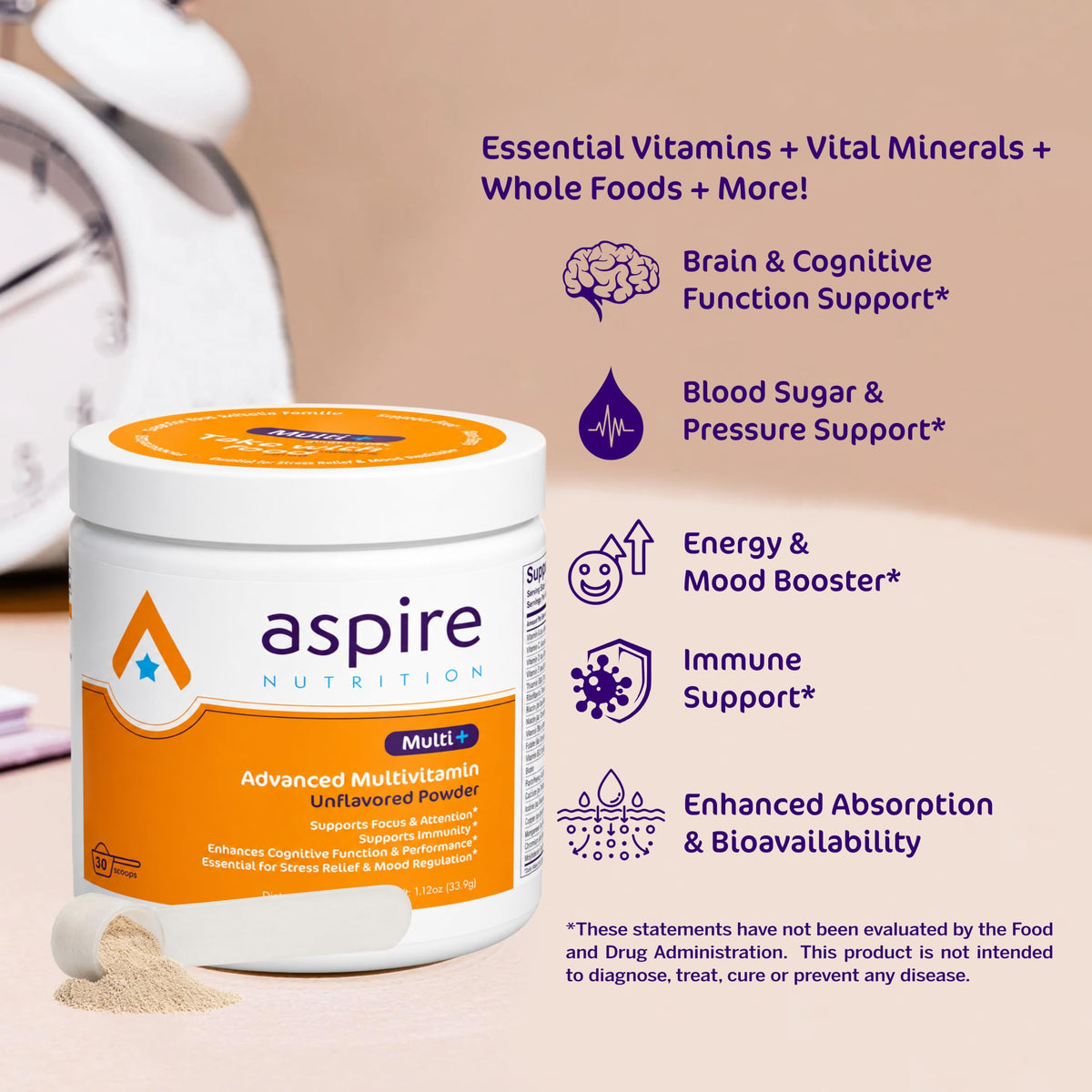 Aspire Nutrition Multi+ Multivitamine Avancée Poudre 68g contenu