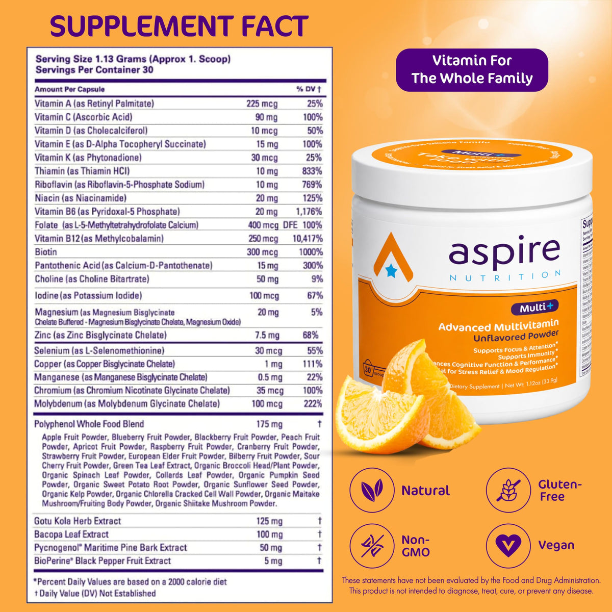 Aspire Nutrition Multi+ Multivitamine Avancée Poudre 68g emballage