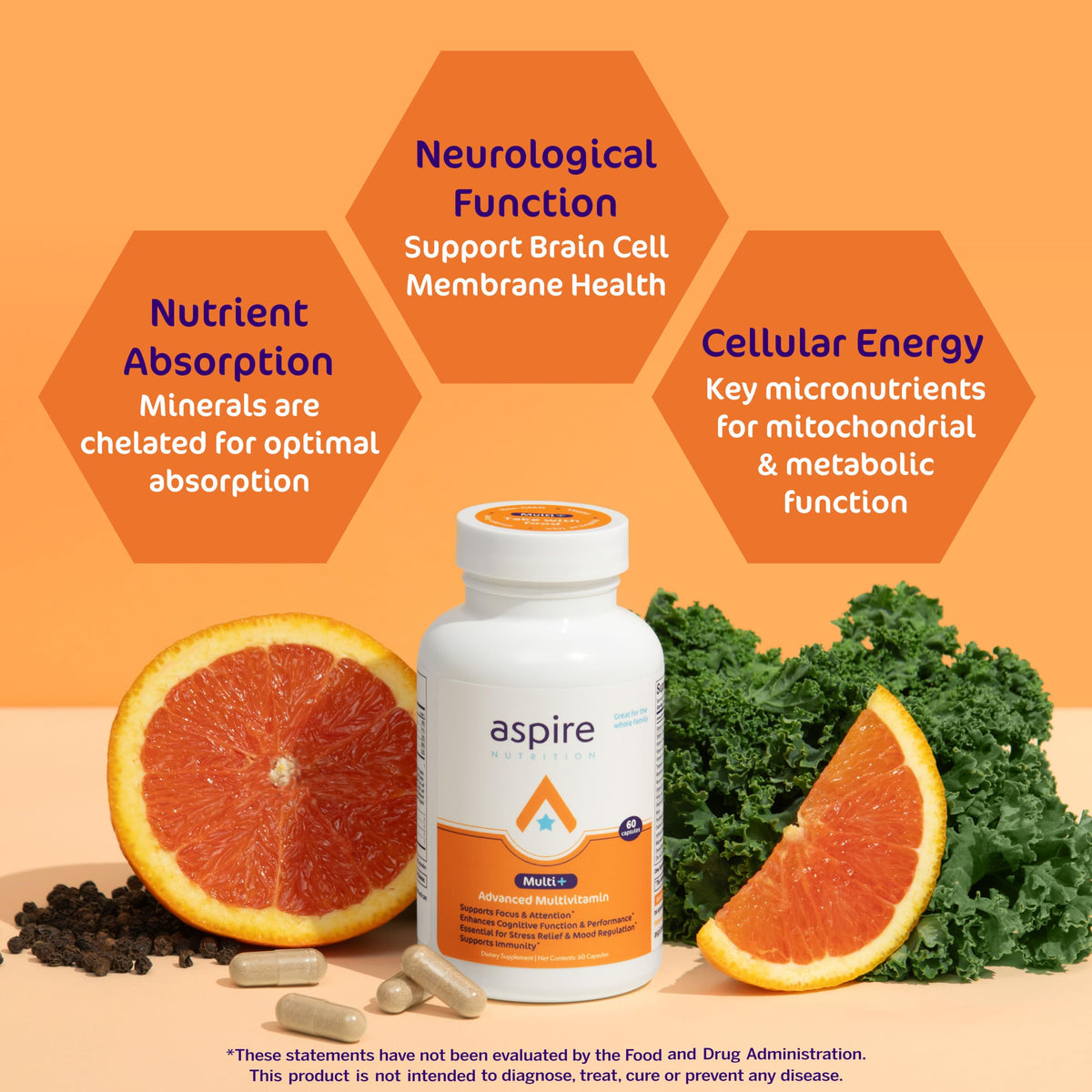 Aspire Nutrition Multi+™ Multivitamine Avancée vue de côté de la capsule