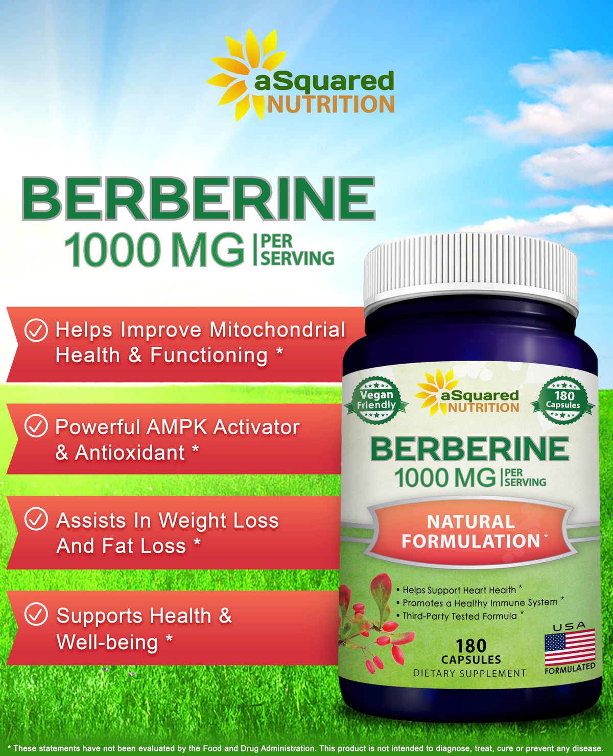 aSquared Nutrition Complément Alimentaire Berbérine 1000mg 180 capsules dos
