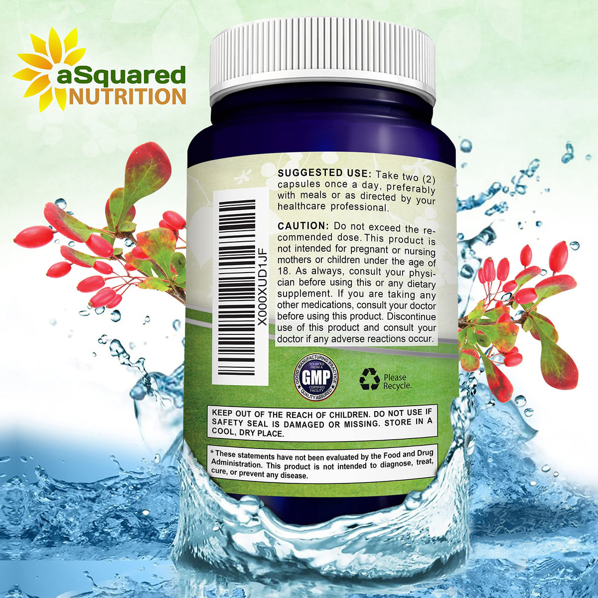 aSquared Nutrition Complément Alimentaire Berbérine 1000mg capsules à côté d'une bouteille d'eau