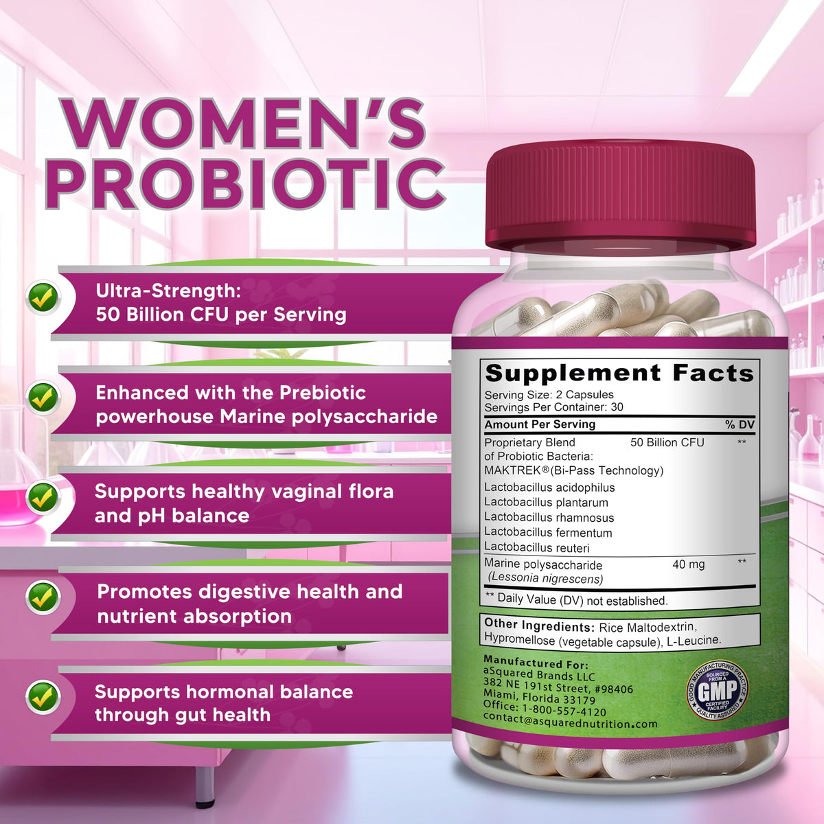 aSquared Nutrition Probiotiques Femme 50 Milliards CFU sur une table