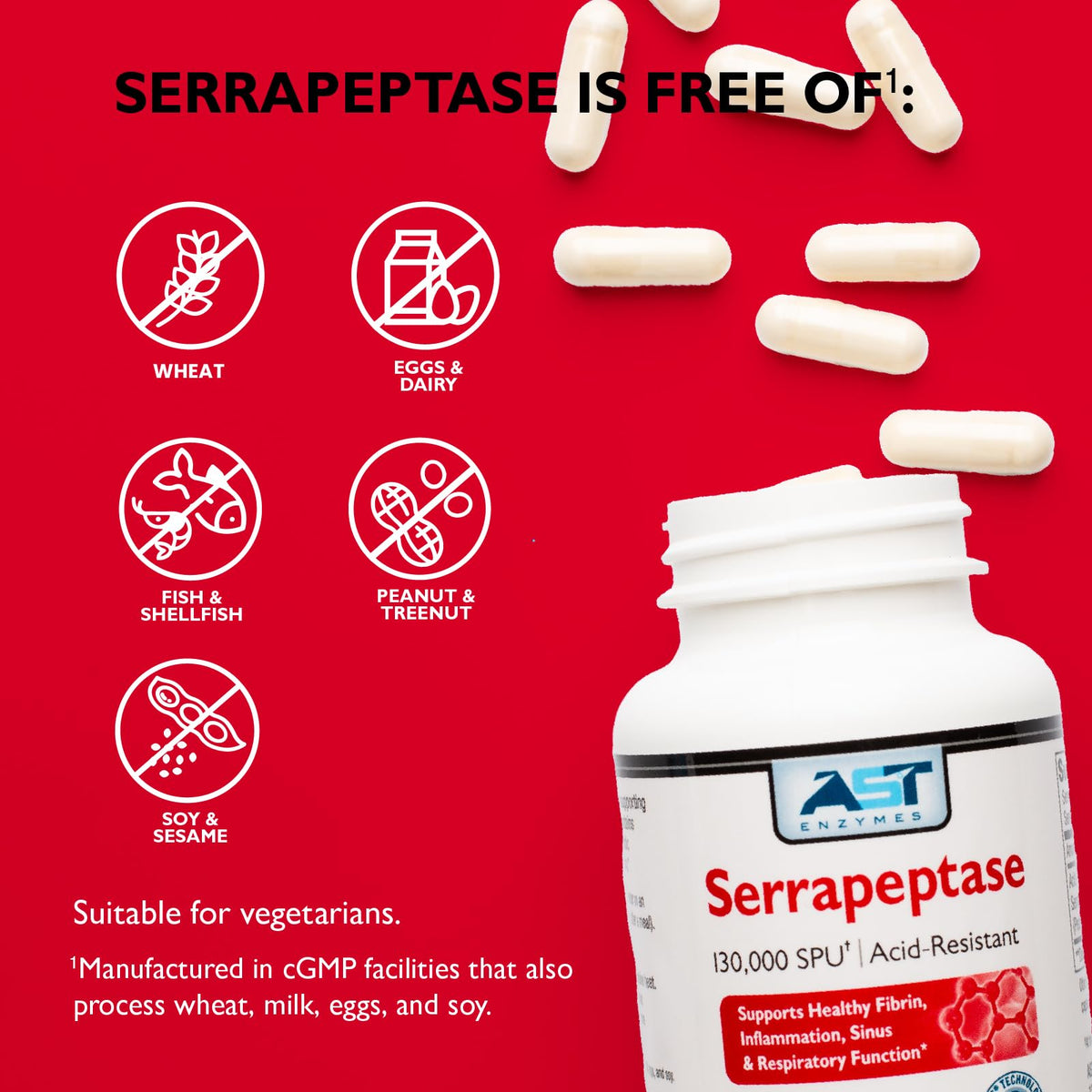AST Enzymes Serrapeptase 130 000 SPU avec informations nutritionnelles