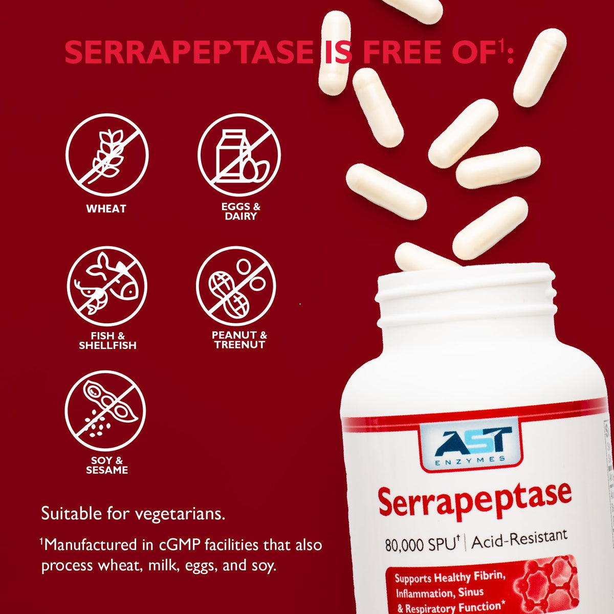 AST Enzymes Serrapeptase 80 000 SPU 120 capsules végétariennes en vue de dessus