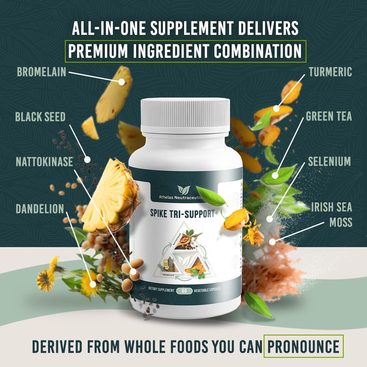 Athelas Neutraceuticals Spike Tri-Support+ 299g côté avec ingrédients