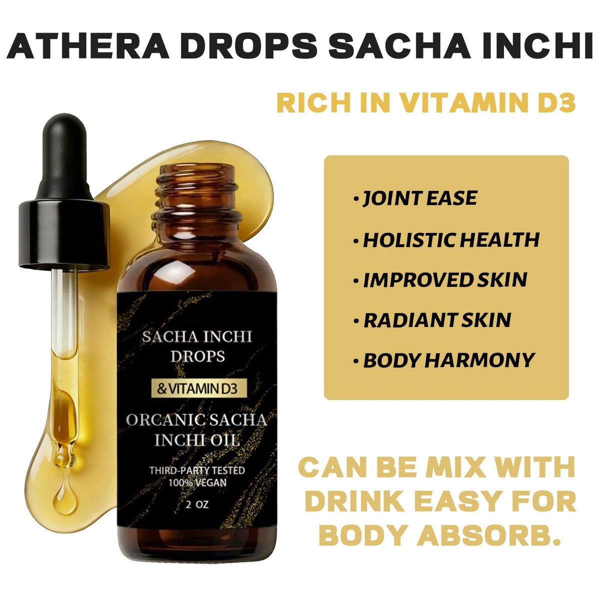 Athera Drops Huile Sacha Inchi 132g avec ingrédients naturels en arrière-plan
