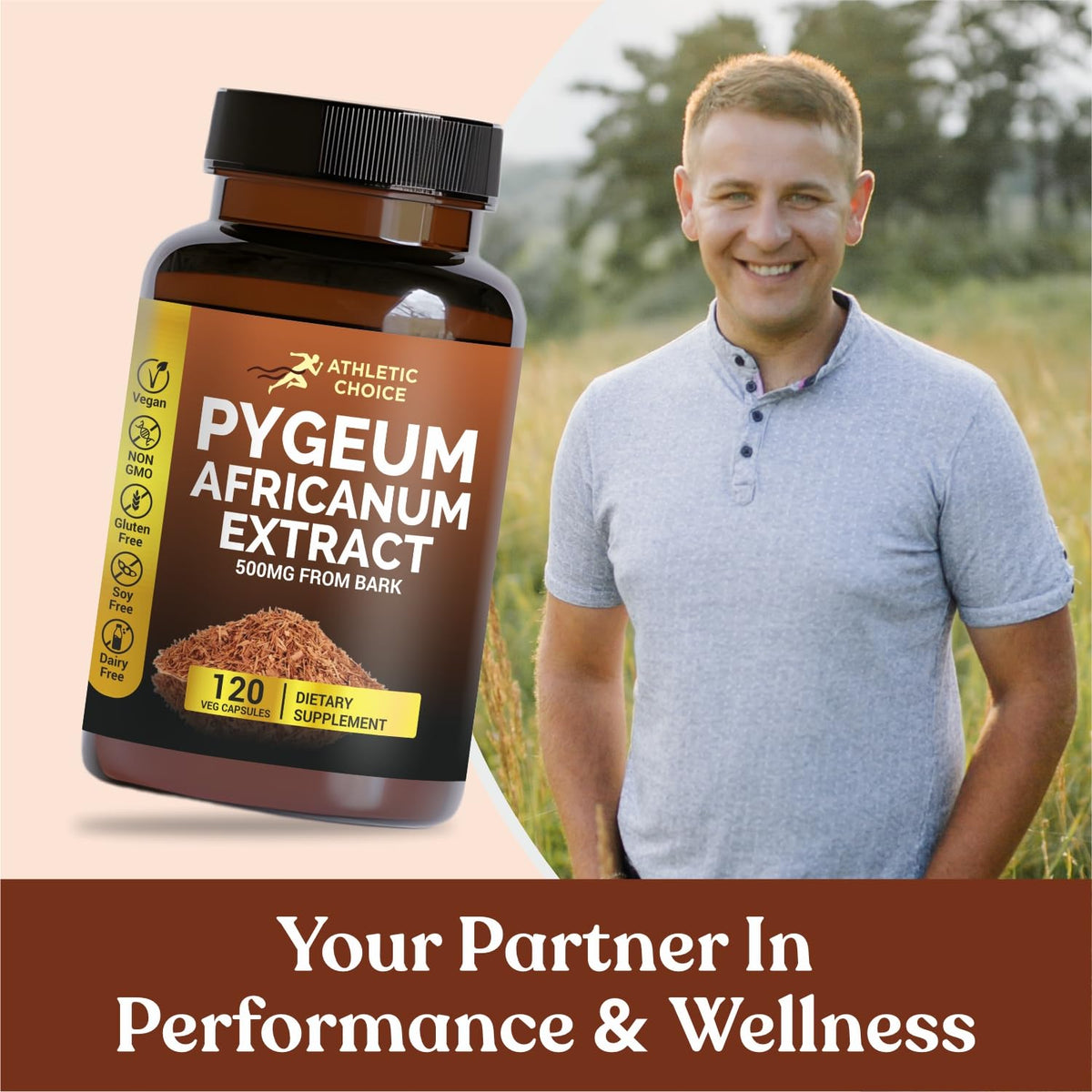 Athletic Choice Pygeum Africanum 500mg 120 capsules avec un verre d'eau