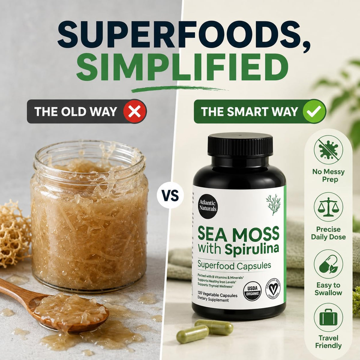 Atlantic Naturals Capsules de Mousse de Mer et Spiruline - capsules individuelles sur une table