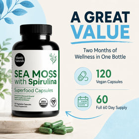Atlantic Naturals Capsules de Mousse de Mer et Spiruline - flacon ouvert avec capsules