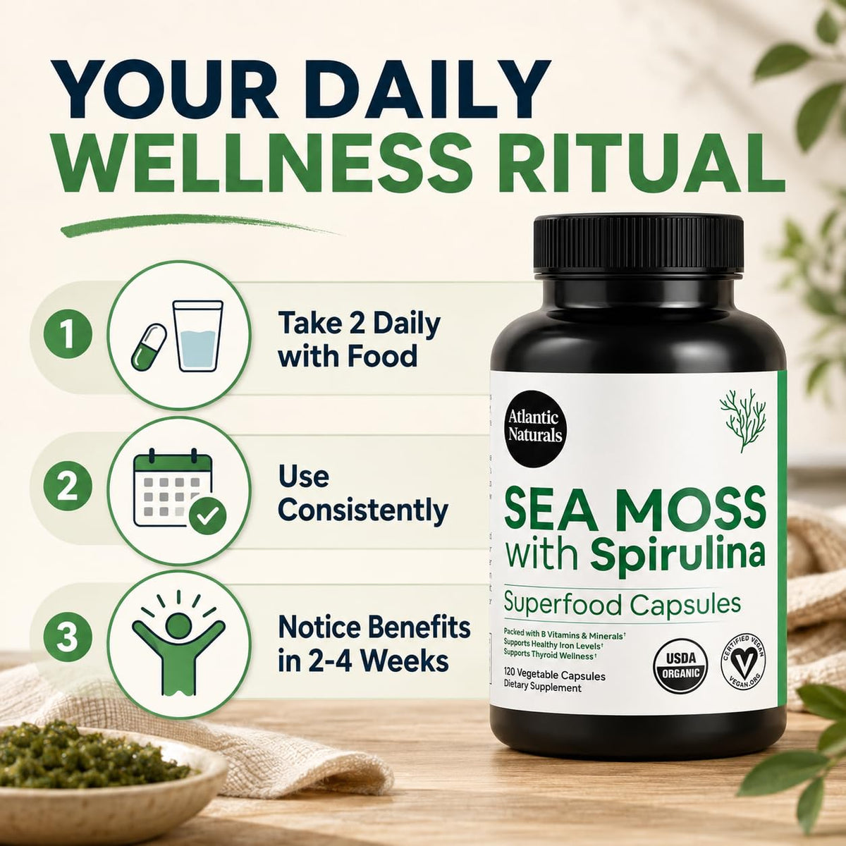 Atlantic Naturals Capsules de Mousse de Mer et Spiruline - gros plan sur une capsule