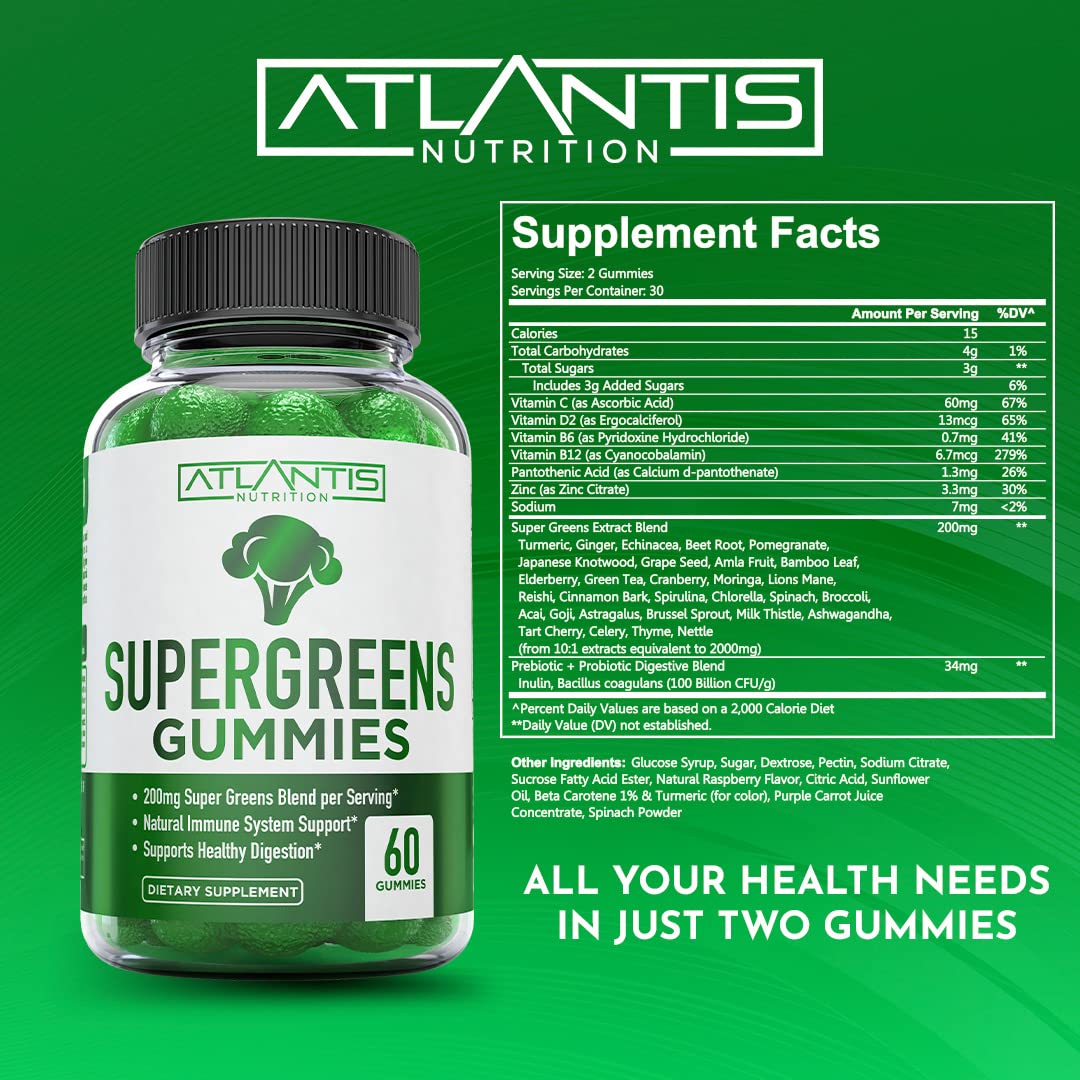 Atlantis Nutrition Supergreens Gummies sur un fond blanc