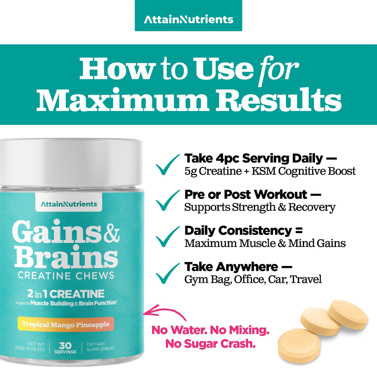 Attain Nutrients Chews de Créatine 5000mg en gros plan sur les gummies