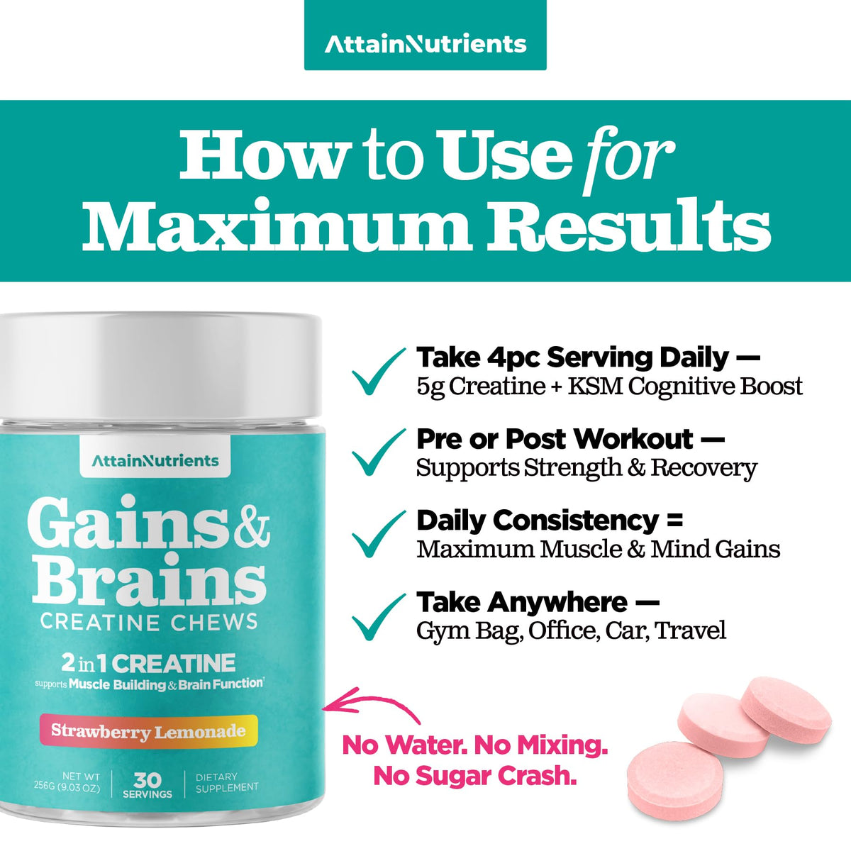 Attain Nutrients Chews de Créatine 5000mg en main avec arrière-plan de salle de sport