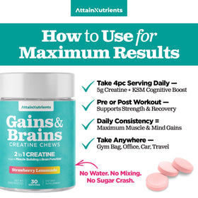 Attain Nutrients Chews de Créatine 5000mg en main avec arrière-plan de salle de sport