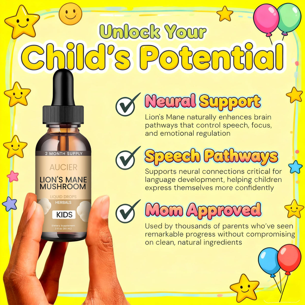 AUCIER Lions Mane pour Enfants, étiquette et dosage
