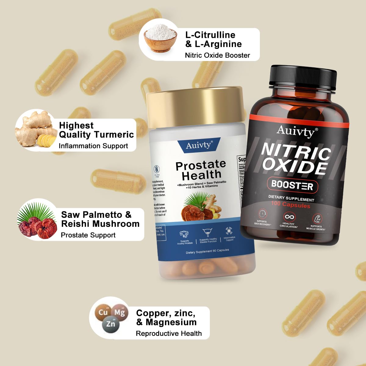 Auivty Complément Alimentaire Prostate 90 capsules sur un fond neutre