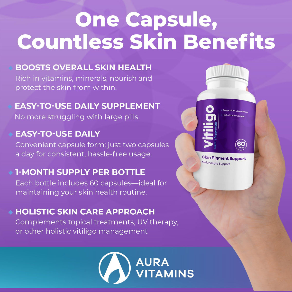 AURA VITAMINS Capsules Vitiligo prise de vue rapprochée