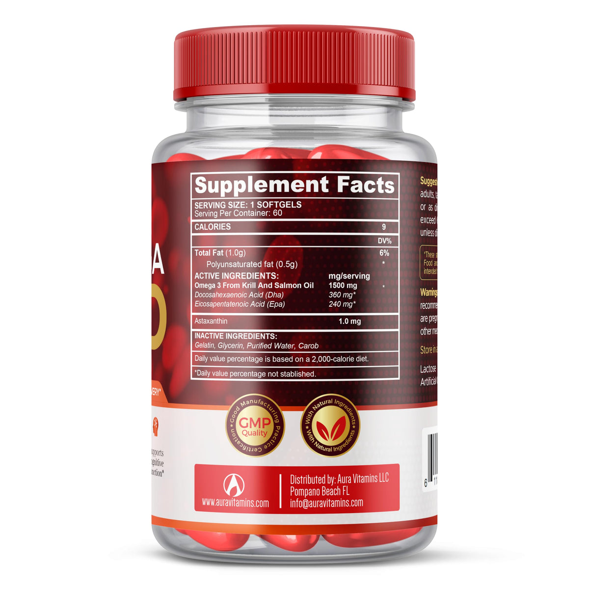 AURA VITAMINS Omega RED gélules avec ingrédients marins en arrière-plan