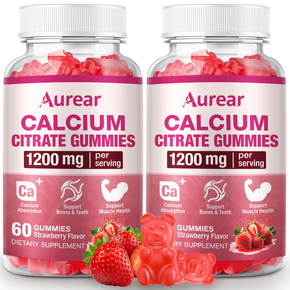 Aurear Calcium Citrate Gummies 1200mg Fraise 60 Gummies vue de face