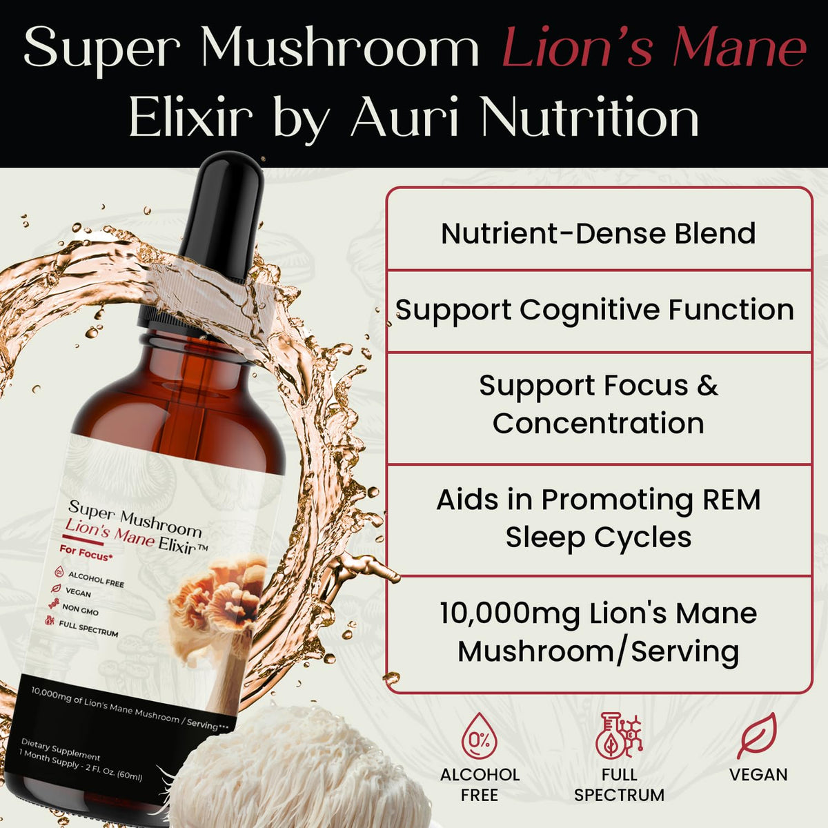 Auri Elixir Liquide de Champignon Lion's Mane flacon ouvert sur une table