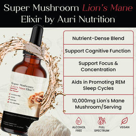 Auri Elixir Liquide de Champignon Lion's Mane flacon ouvert sur une table
