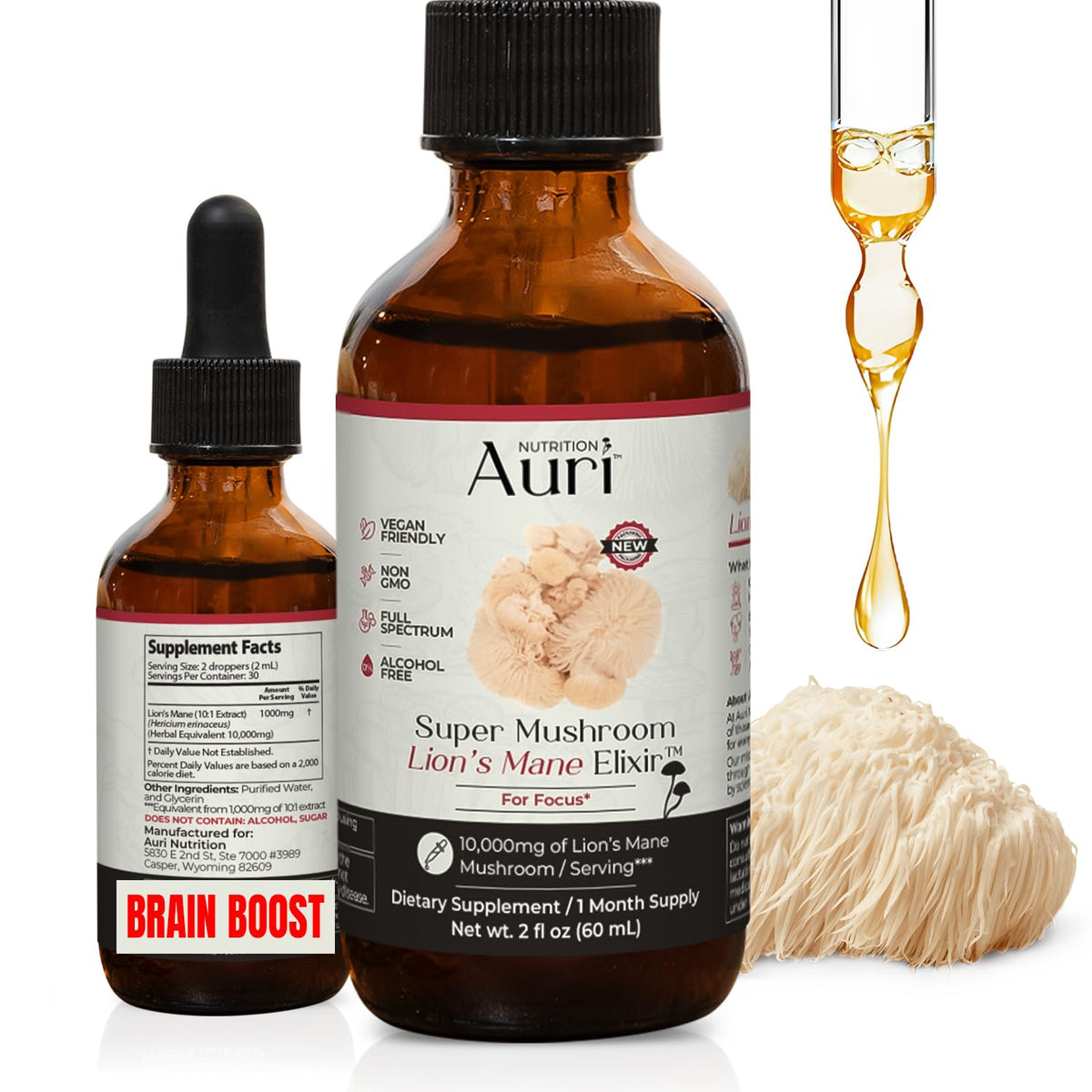 Auri Elixir Liquide de Champignon Lion's Mane vue avant avec étiquette